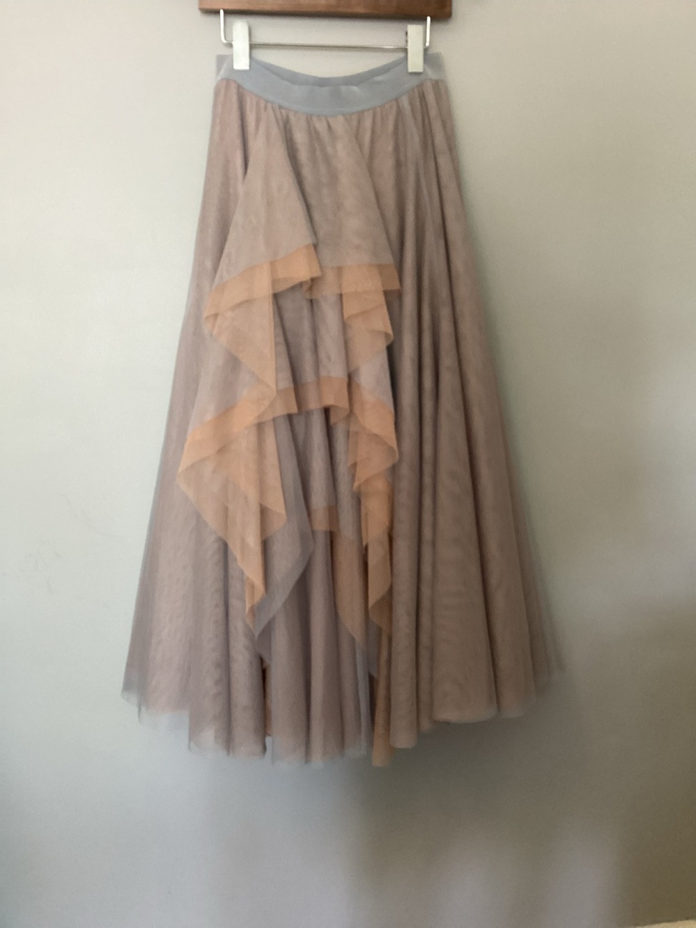Anthropologie Women's Layered Tulle Midi Skirt in Taupe and Blue with Peach.